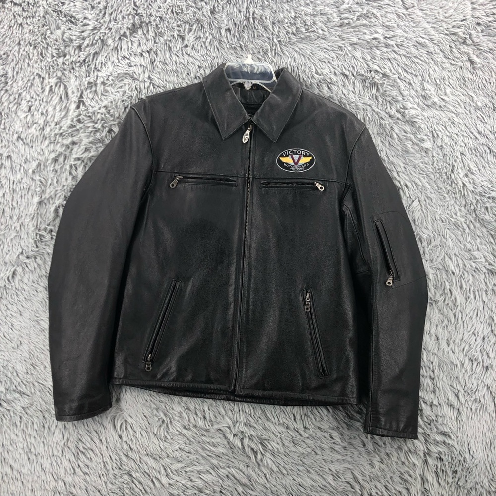 Victory Motorcycle Jacket Mens Medium Black Leather Embroidered Coat